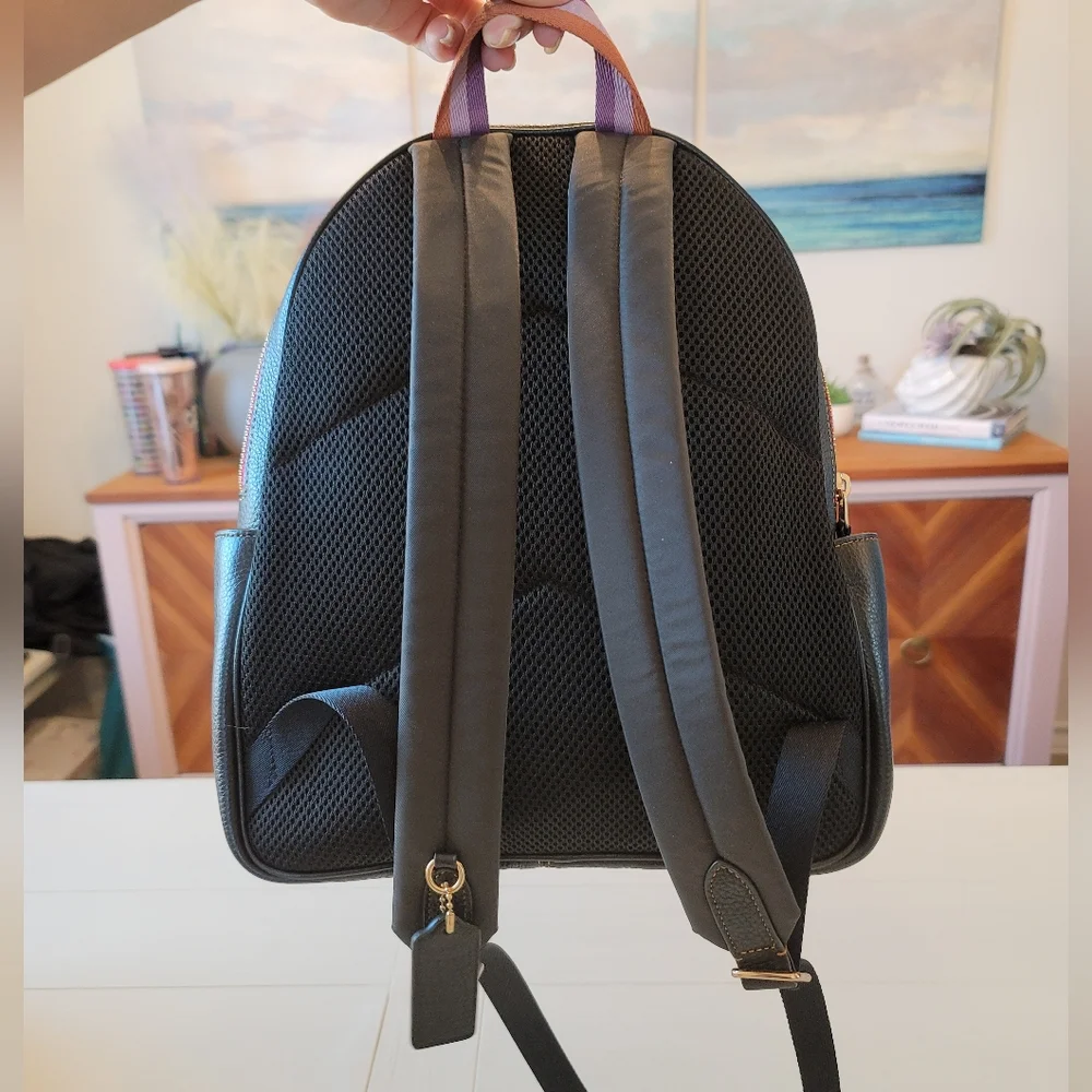Coach Signature Brown Tan Backpack with Pink Trim and Purple Accent